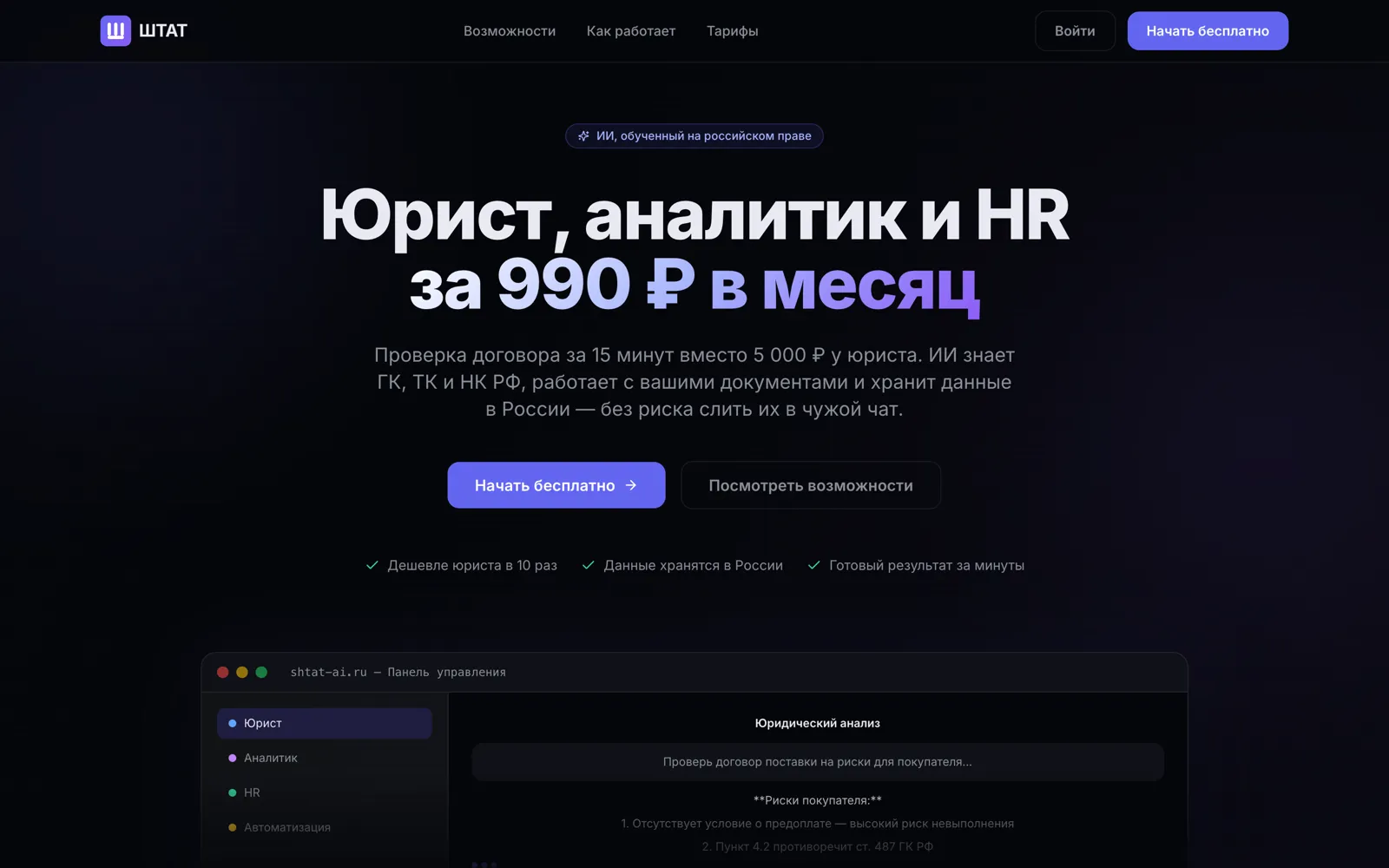ШТАТ — главная страница AI-SaaS